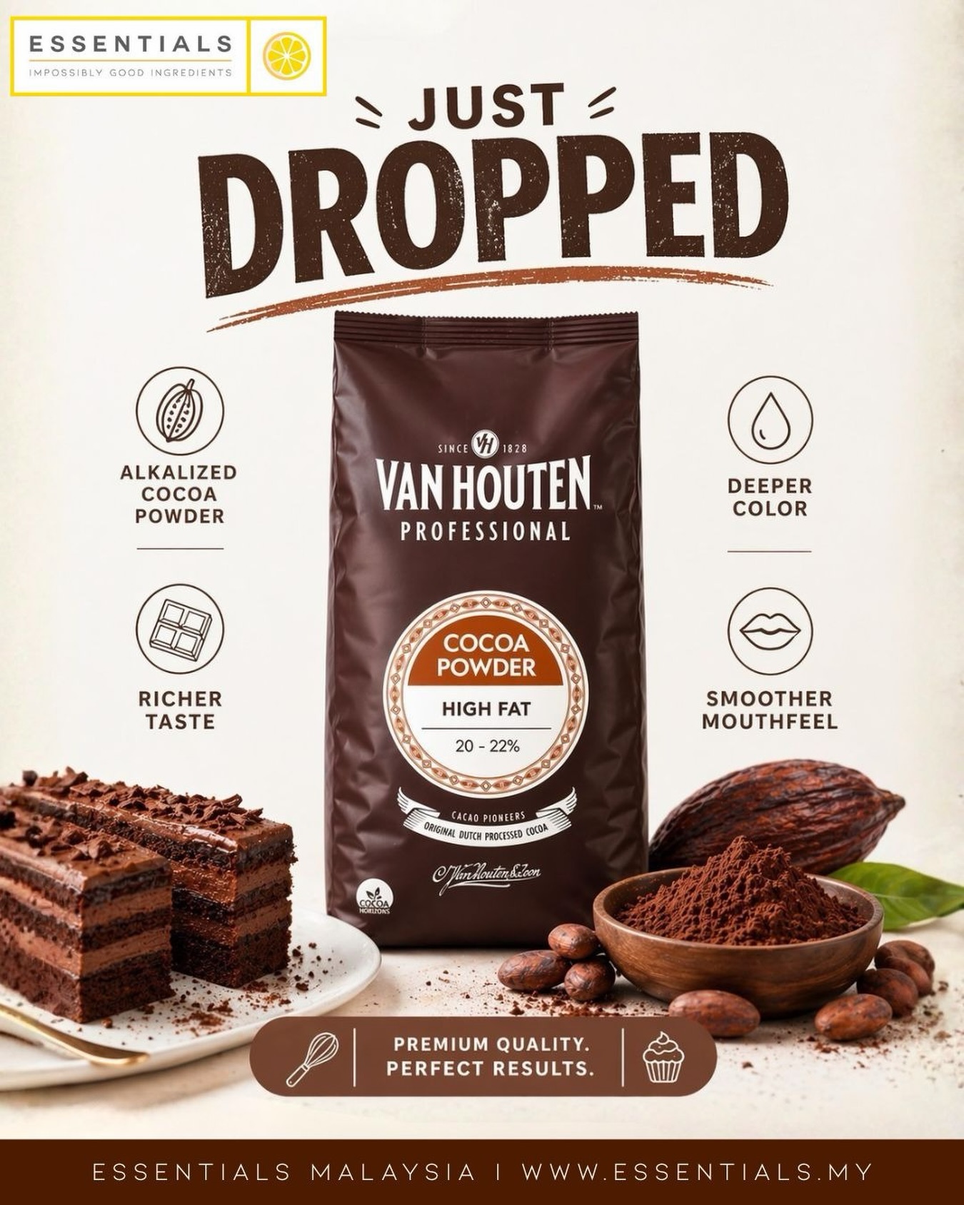 If your chocolate isn’t standing out, your cocoa is the problem. 

Van Houten High Fat 20-22% Cocoa Powder gives: 
✔️ Darker Colour 
✔️ Fuller Body 
✔️ Stronger Chocolate flavour 

Ideal for brownies, drinks & premium desserts. 

Consistent quality your business can rely on. 

Order in bulk today. 🛒 WhatsApp us 📱

#cocoapowder #vanhouten #malaysia #baking