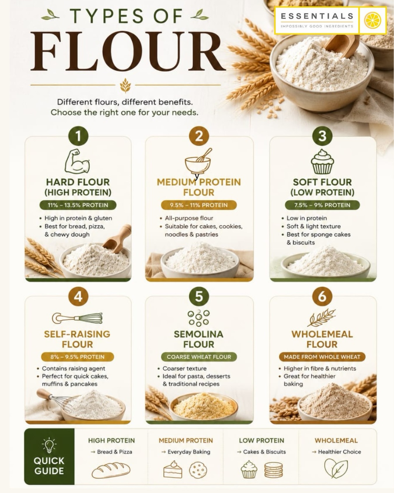 Which flour do you reach for most? 👇

🍞 Hard Flour for bread & pizza
🍪 Medium Protein Flour for everyday baking
🧁 Soft Flour for light cakes
🥞 Self-Raising Flour for quick bakes
🍝 Semolina for pasta & desserts
🌾 Wholemeal Flour for healthier recipes

No matter what you’re baking, you’ll find the right flour at Essentials.MY.

🛒 Explore our complete flour collection at www.essentials.my and get your baking essentials delivered straight to your door.
